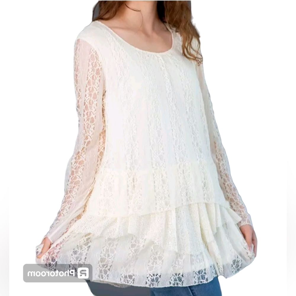 Indigo Soul Vintage Cream Boho Tiered Lace Mesh Blouse Size Large Sheer Sleeves